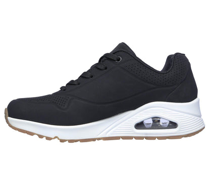 Women's Wide Fit Skechers 73690 Uno Stand On Air Walking Street Wear Trainers - Black/White