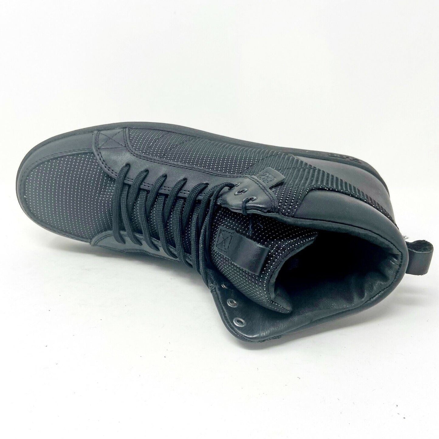 Clae Russell Black Leather Nylon Canvas Mens Mid Casual Sneakers