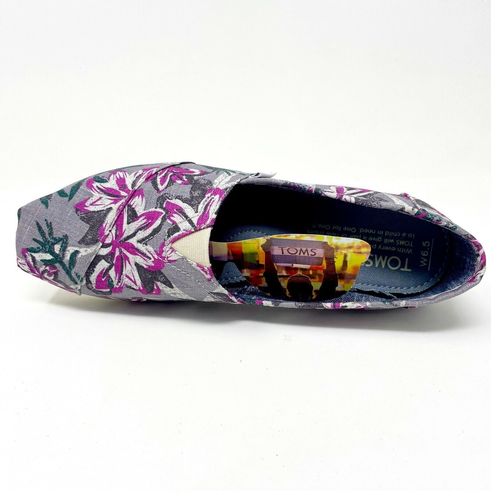 Toms Classics Grey Floral Womens Slip On Casual Canvas Flat Shoes