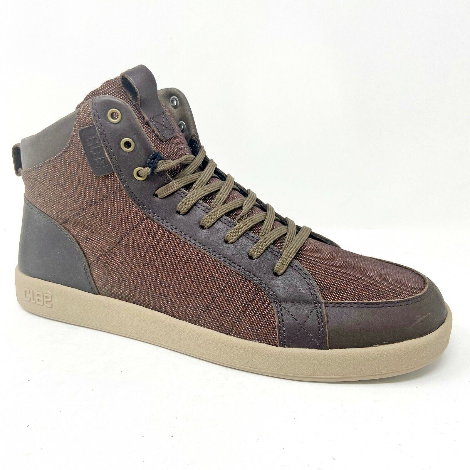 Clae Russell Umber Leather Nylon Canvas Brown Mens Premium Casual Sneakers