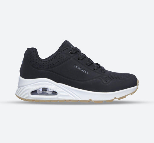 Women's Wide Fit Skechers 73690 Uno Stand On Air Walking Street Wear Trainers - Black/White
