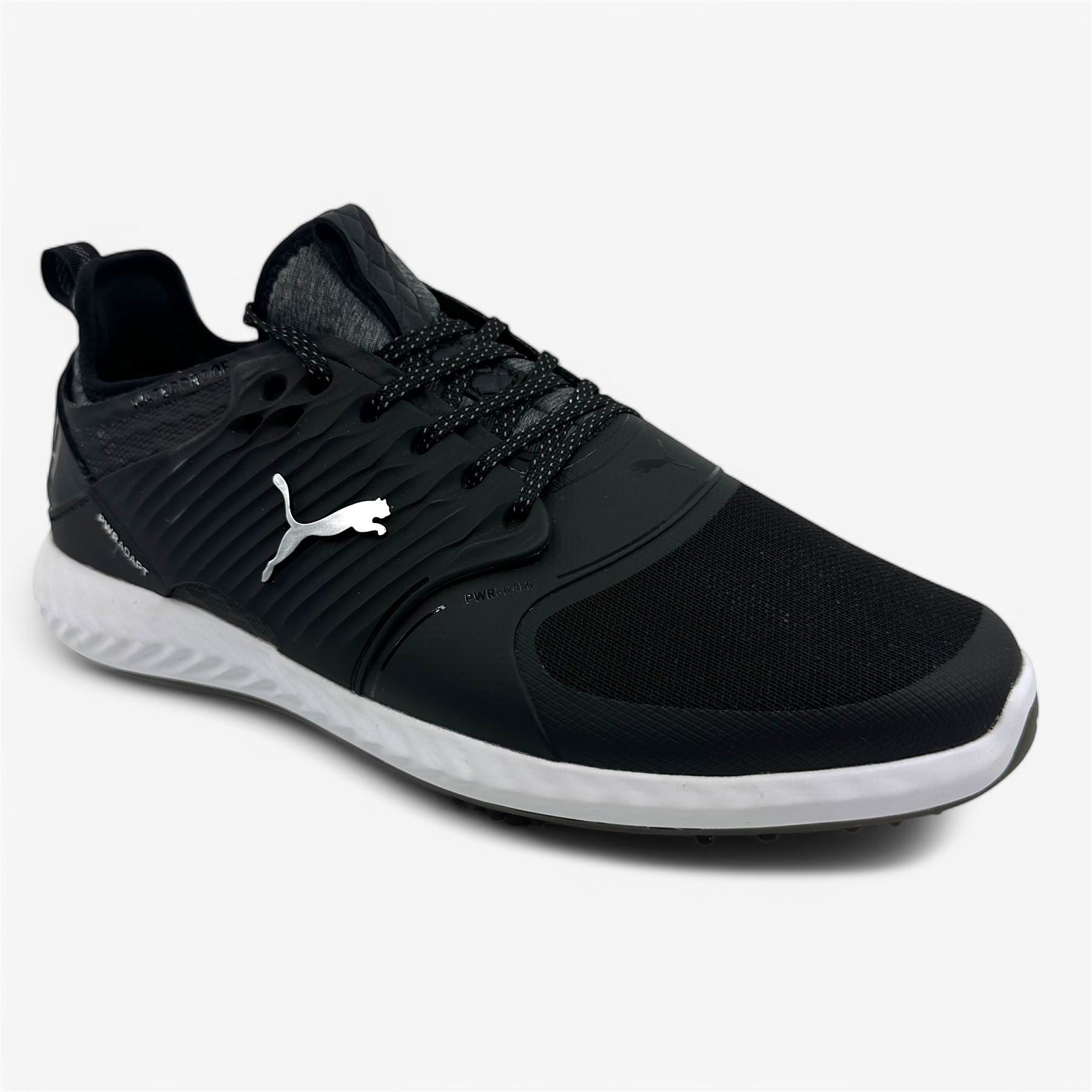 PUMA Ignite Pwradapt Caged Black Silver Mens Wide Waterproof Golf Shoes