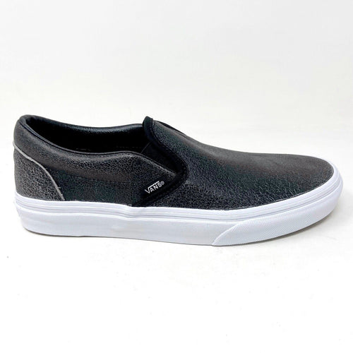 Vans Classic Slip On (Cracked Leather) Black White Womens Casual Shoes
